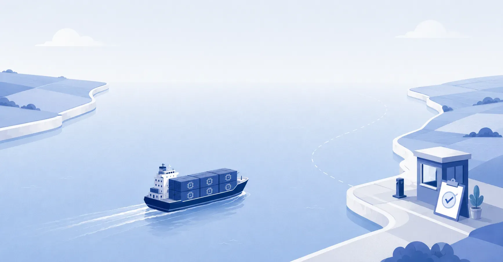 Flat blue illustration of a cargo ship carrying containers marked with AI chip icons, crossing a channel between two coastlines along a dashed route towards a small checkpoint kiosk with a ticked clipboard on the far shore, representing the EU AI Act as an export question for UK businesses
