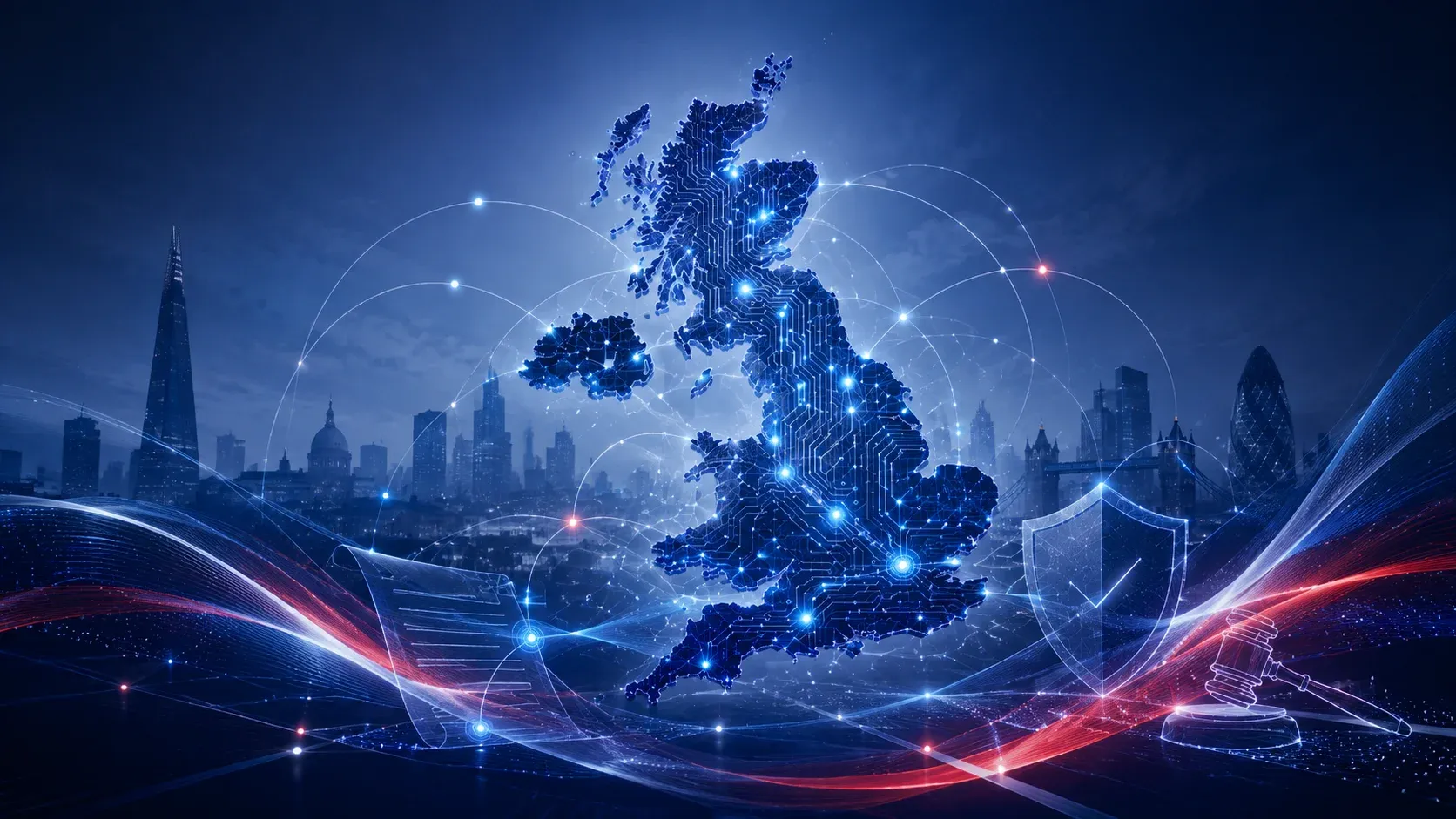 Stylised pixel-art map of the UK rendered in points of light over a darkened cityscape, with red and blue light streams and a shield motif, representing the UK's distinctive approach to AI governance and the businesses it shapes
