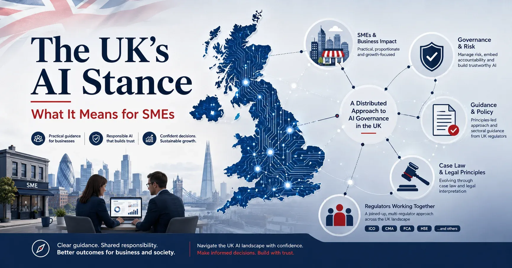 Infographic titled "The UK's AI Stance: What It Means for SMEs", showing a distributed approach to AI governance in the UK with five themes radiating from a central UK map: SMEs and business impact, governance and risk, guidance and policy, case law and legal principles, and regulators working together. Footer reads: clear guidance, shared responsibility, better outcomes for business and society