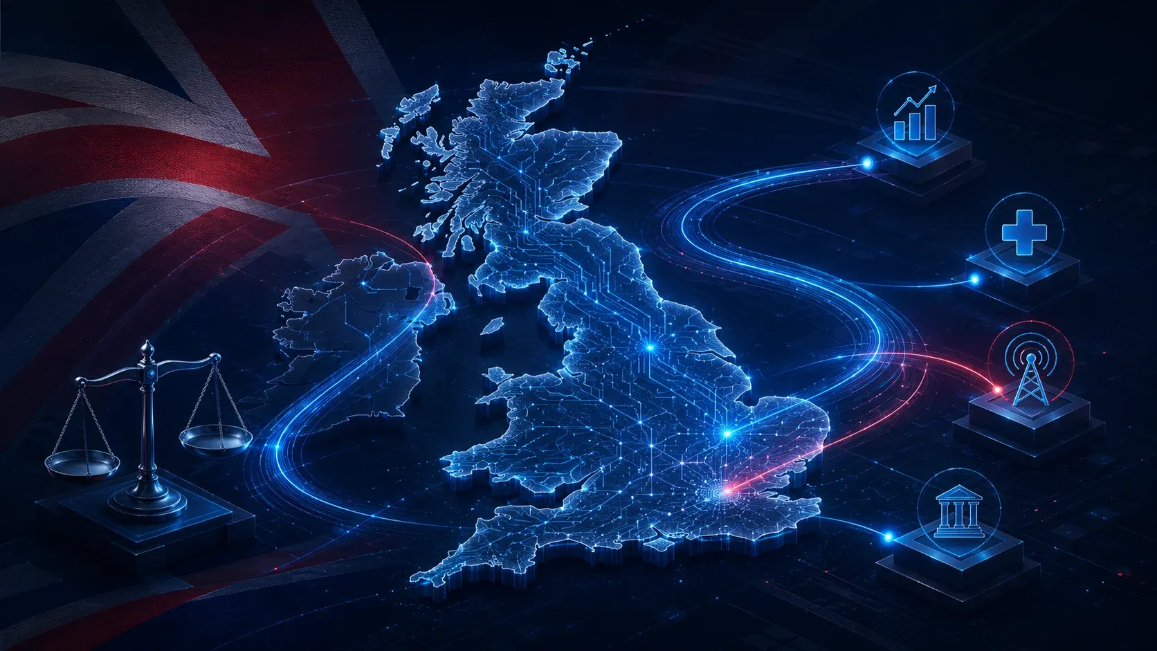Digital UK map flanked by scales of justice and icons for financial, health, telecoms, and government regulators, representing the UK's distributed sector-led approach to AI oversight